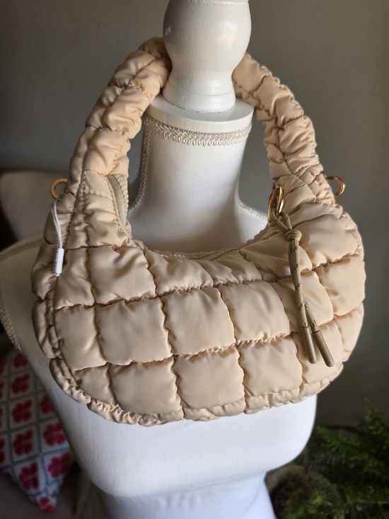 Urban Expressions Handbags - Urban Expressions Small Nylon Quilted Crescent Hobo - Cream